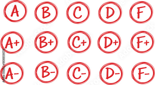 Hand drawn letter grade circle set with plus and minus