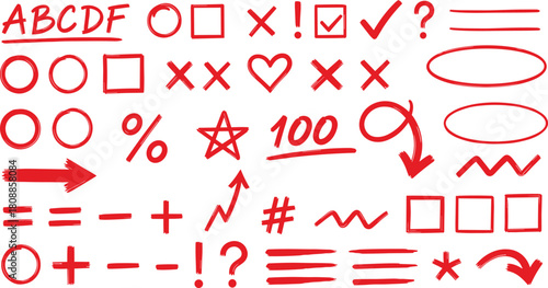 Hand drawn red correction marks and symbols for editing and highlighting