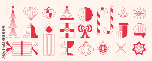 Christmas and Happy New Year vector mid century line art illustration set with festive elements in pastel pink and red accents tones — elegant design for greeting cards