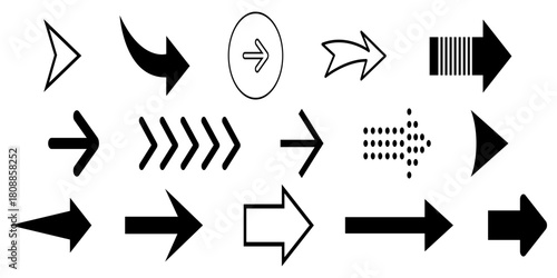 Set of black arrow icons. Various packaging symbols. Motion pointers. Site and player control buttons. Flat style logos. Information pointers. Wayfinding directions. Modern simple vector arrows.