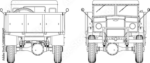 Vector sketch illustration silhouette design image of industrial vehicle, material transport truck, front and back view