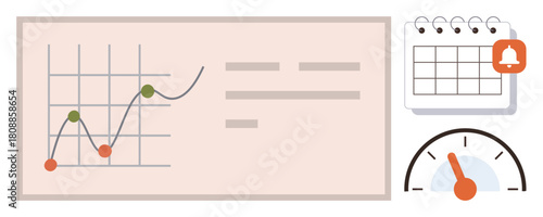 Analytics chart with data points, calendar with reminder alert, and speedometer gauge for monitoring. Ideal for productivity, time management, business strategy, KPI tracking, efficiency, planning