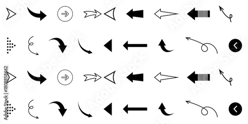 Set of black arrow icons. Various packaging symbols. Motion pointers. Site and player control buttons. Flat style logos. Information pointers. Wayfinding directions. Modern simple vector arrows.