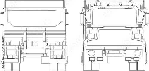 Vector sketch illustration silhouette design image of industrial vehicle, material transport truck, front and back view