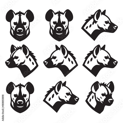 hyena face silhouette, hyena head vector icon, African hyena portrait outline, hyena muzzle shadow art, hyena front view face silhouette, hyena strong jaw design, spotted hyena face black vector, 