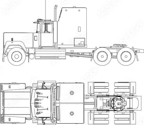 vector sketch illustration silhouette design image of industrial vehicle truck trailer without container rear side and top view