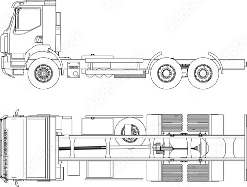 vector sketch illustration silhouette design image of industrial vehicle truck trailer without container rear side and top view