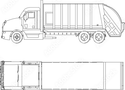 vector sketch illustration silhouette design image of industrial vehicle trailer truck with rear container for industrial side and top view