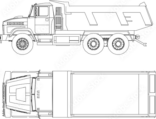 vector sketch illustration silhouette design image of industrial vehicle material transport truck top and side view 
