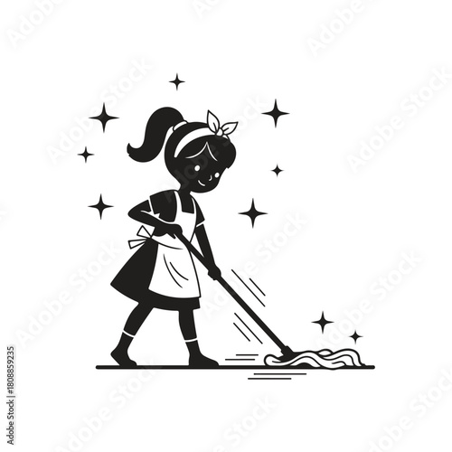 Illustration of a girl mopping the floor isolated on
