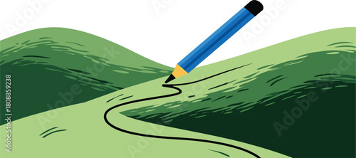 Pencil drawing winding path up green rolling hills, journey concept, roadmap, future planning, design creativity, vector illustration