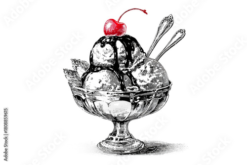 Classic Ice Cream Sundae Engraving Art Isolated on Transparent Background