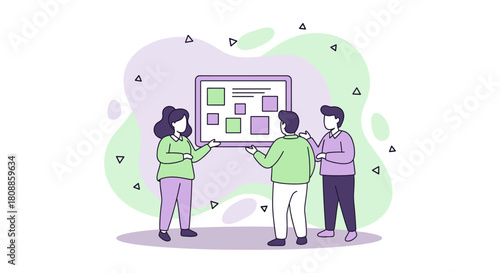 A team of diverse individuals collaborates, analyzing data displayed on a screen, fostering teamwork and strategic planning for success.