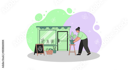 A woman tends to plants outside a flower shop, arranging flowers and greenery for customers to enjoy and admire the beauty.