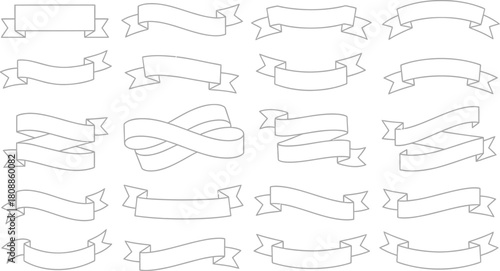 Collection of hand drawn ribbon banners in black and white