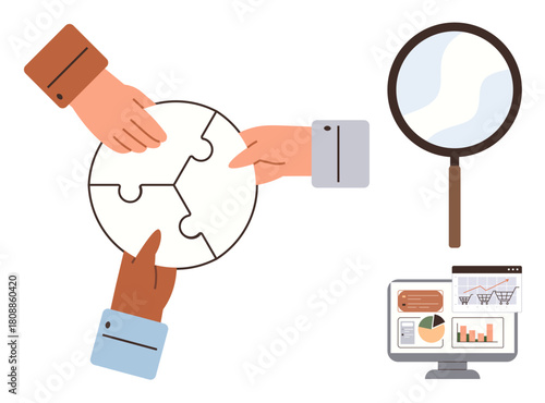 Hands assembling puzzle pieces, magnifying glass for deeper insight, analytics on a computer screen. Ideal for teamwork, strategy, problem-solving, research, decision-making, creativity