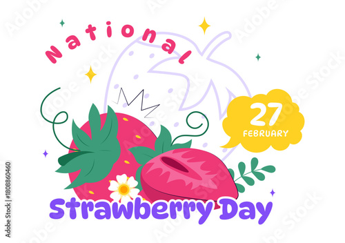 National Strawberry Day Vector Illustration on February 27 to Celebrate the Sweet Red Fruit in a Flat Cartoon Background Design