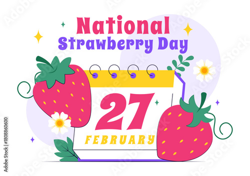 National Strawberry Day Vector Illustration on February 27 to Celebrate the Sweet Red Fruit in a Flat Cartoon Background Design