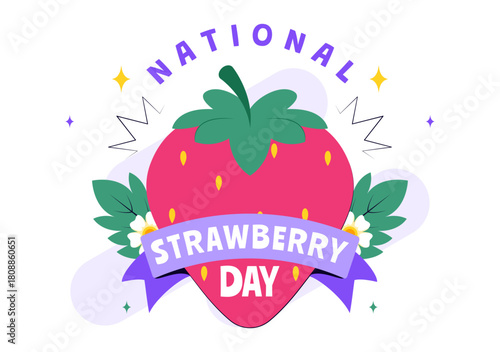 National Strawberry Day Vector Illustration on February 27 to Celebrate the Sweet Red Fruit in a Flat Cartoon Background Design