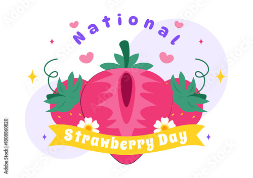 National Strawberry Day Vector Illustration on February 27 to Celebrate the Sweet Red Fruit in a Flat Cartoon Background Design