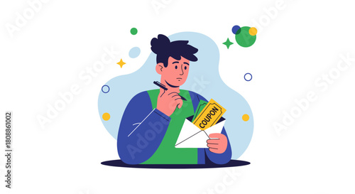 A thoughtful individual reviews a coupon, pondering a purchase decision, surrounded by whimsical design elements, representing savings and choices.