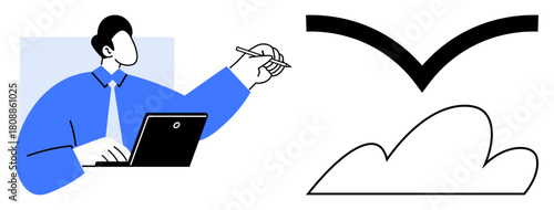 Person using a laptop, holding a pencil, reflecting creative thought with a bird silhouette and cloud. Ideal for creativity, education, innovation, remote work, freedom, inspiration growth in