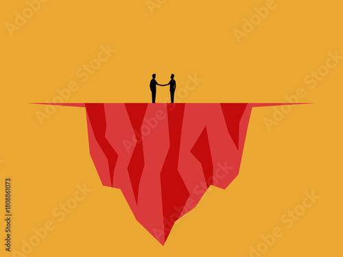 Two businessmen make a deal on a floating island