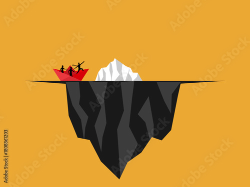 businessmen in the paper boats fail to see the dangers beneath the iceberg