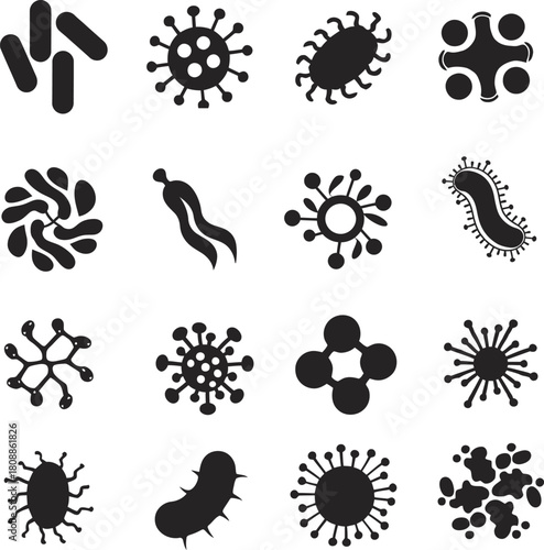 Microbe and Virus Silhouette Set – Bacteria, Germs, Pathogens, Microscopic Organism Vector Icons