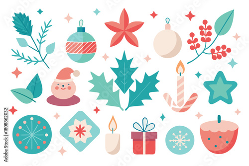 Bright, playful Christmas holiday illustration with ornaments, Santa hat, candles, holly, berries, gifts, leaves, and stars. Perfect for festive stock imagery, greetings, ads, and seasonal campaigns.