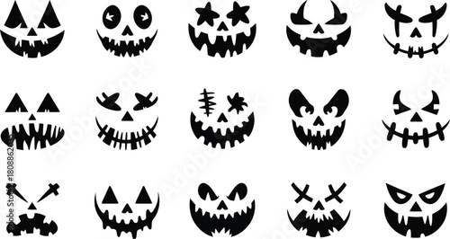 Halloween Pumpkin Face Vector Set, Scary Jack-O’-Lantern Expressions, Spooky Carved Silhouette Icons