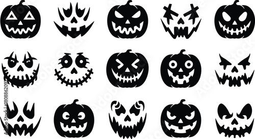 Halloween Pumpkin Face Vector Set, Scary Jack-O’-Lantern Expressions, Spooky Carved Silhouette Icons