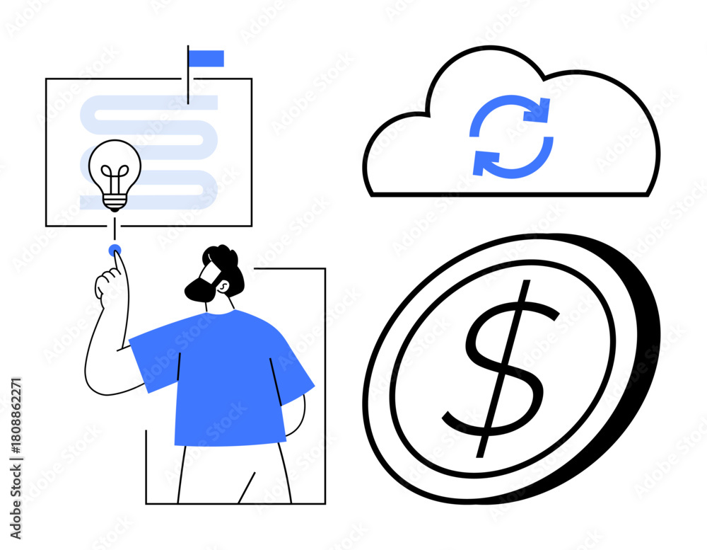 Fototapeta premium Man points to a light bulb over a flowchart, cloud sync icon, and dollar coin. Ideal for innovation, strategy, cloud services, fintech, digital transformation financial planning creativity. A