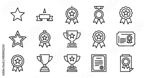 Collection of outline awards stars ribbon badge and cup icons