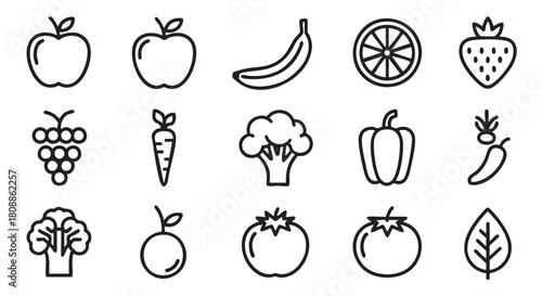 Collection of outline fruit and vegetable icons for healthy lifestyle designs