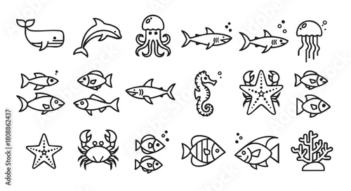 Collection of Sea Animals Icons in Outline Style Vector Illustration