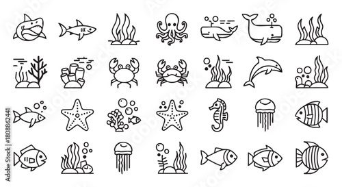 Collection of simple line art icons depicting underwater marine life