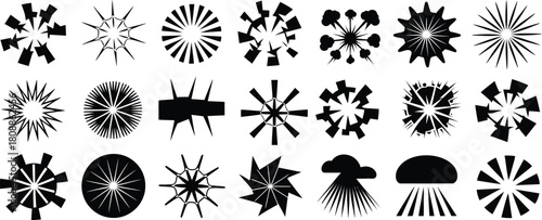 Dynamic Burst Shape Icons Set, Abstract Sunburst Explosion Vector Collection