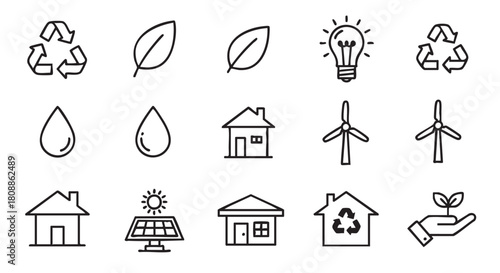 Collection of sustainability icons representing environmental protection and green living