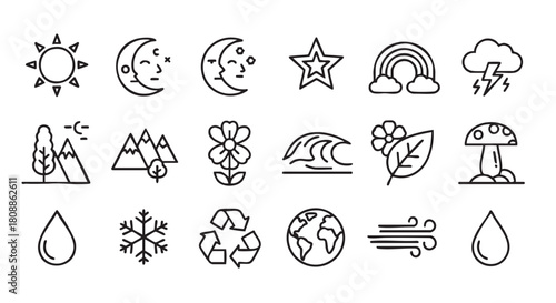 Collection of vector icons depicting nature related elements in black color