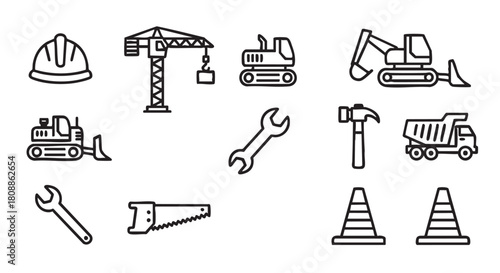 Construction and building icons representing construction site and building process