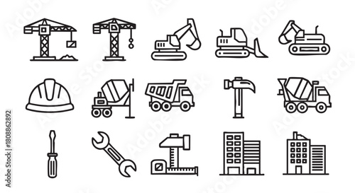 Construction Equipment Icons Seamless Pattern with Cranes and Tools Vector