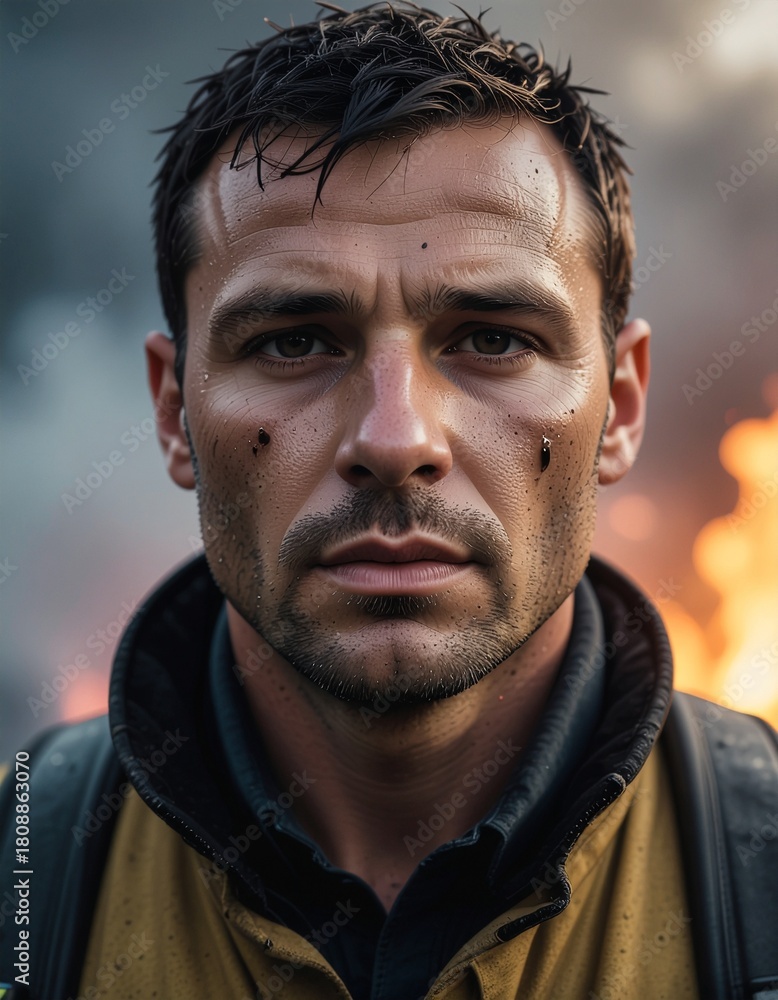 Fototapeta premium Exhausted Firefighter Portrait After Fire Close-up