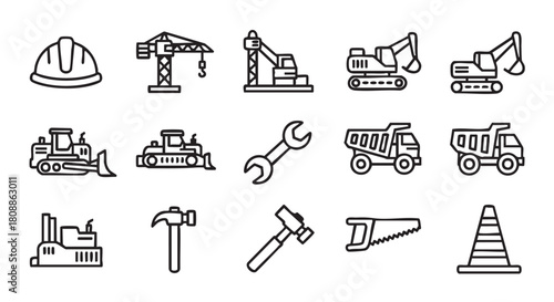 Construction site equipment icons set in outline design style isolated