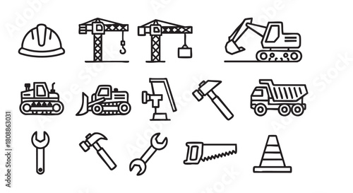 Construction Site Black and White Icon Set Vector Illustration