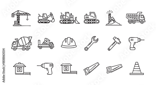Construction site line icons set collection of building machinery equipment