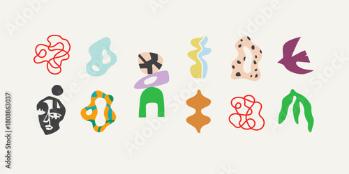 Set of modern abstract shapes and groovy silhouettes in bold boho cut out style. Funky organic forms, vibrant collage elements, abstract faces, and playful artistic line art.