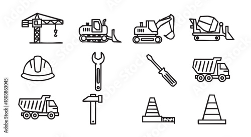 Construction site icons collection of machinery tools and safety equipment outline