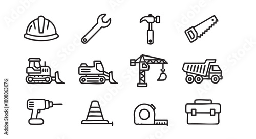 Construction tools and equipment line art icons set isolated on white