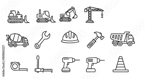 Construction vehicles and tools line art icons vector graphic design